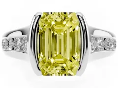 Fancy Yellow Emerald Cut Diamond Bezel-Set Solitaire Ring Set in White gold with Channel-Set Band