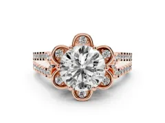 Round Cut Diamond Floral Halo Split Shank Engagement Ring Set in Rose gold with Pavé Shank