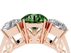 Fancy Green Round Cut Diamond Three-Stone Ring Set in Rose gold with Textured Band