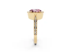 Fancy Pink Oval Cut Diamond Halo Engagement Ring Set in Yellow gold with Accent Split Shank Band