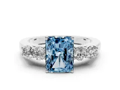 Fancy Blue Radiant Cut Diamond Five-Stone Prong Set Band Ring Set in Platinum with Polished Band