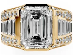 Emerald Cut Diamond Mens Ring Set in Yellow gold with Baguette and Round Side Stones