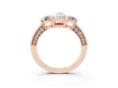 Pear Cut Diamond Three-Stone Ring Set in Rose gold with Round Side Stones and Pavé Band