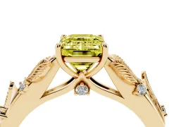 Fancy Yellow Emerald Cut Diamond Solitaire Ring Set in Yellow gold with Leaf Motif Band