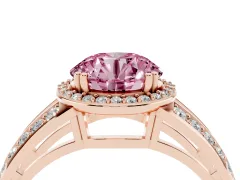 Fancy Pink Round Cut Diamond Halo Ring Set in Rose gold with Double Pavé Split Shank
