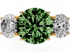 Fancy Green Round Cut Diamond Three-Stone Ring Set in Yellow gold with Pavé Band