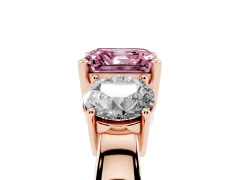 Fancy Pink Asscher Cut Diamond Three-Stone Ring Set in Rose gold with Round Side Stones and Classic Band