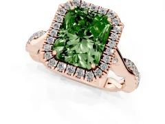 Fancy Green Radiant Cut Diamond Halo Twist Band Solitaire Ring Set in Rose gold with Prong Setting