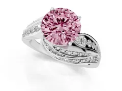 Fancy Pink Round Cut Diamond Solitaire Ring Set in Silver with Layered Twist Pavé Band