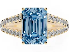 Fancy Blue Emerald Cut Diamond Split Shank Pavé Engagement Ring Set in Yellow gold with Prong-Held Center Stone