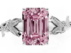 Fancy Pink Emerald Cut Diamond Solitaire Ring Set in Platinum with Leaf Motif Band