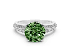 Fancy Green Round Cut Diamond Split Shank Pavé Engagement Ring Set in White gold with Prong-Set Center Stone