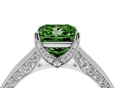 Fancy Green Princess Cut Diamond Solitaire Ring Set in White gold with Milgrain-Edged Pavé Band and Prong Setting