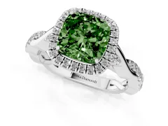 Fancy Green Cushion Cut Diamond Halo Twist Band Solitaire Ring Set in Platinum with Prong Setting