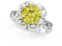 Fancy Yellow Round Cut Diamond Floral Halo Ring Set in White gold with Shared Prong Band