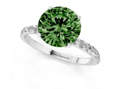 Fancy Green Round Cut Diamond Solitaire Engagement Ring Set in White gold with Round Pavé Band and Prong Setting