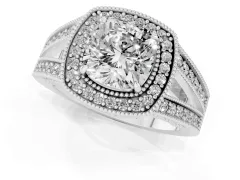Cushion Cut Diamond Halo Ring Set in Silver with Stone-Set Split Shank and Milgrain Edges