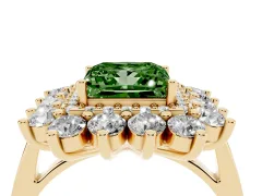 Fancy Green Princess Cut Diamond Floral Double Halo Ring Set in Yellow gold with Round Petals