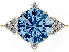 Fancy Blue Round Cut Diamond Cluster Ring Set in Yellow gold with Beaded Band