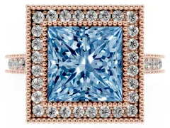 Fancy Blue Princess Cut Diamond Halo Milgrain Pavé Band Ring Set in Rose gold with Prong Setting