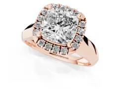 Cushion Cut Diamond Halo Solitaire Engagement Ring Set in Rose gold with Square Band and Prong Setting