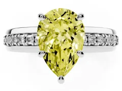 Fancy Yellow Pear Cut Diamond Solitaire Ring Set in Platinum with Channel Set Band and Prong Setting