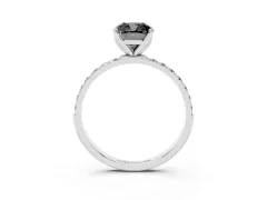 Fancy Black Cushion Cut Diamond Solitaire Engagement Ring Set in White gold with Round Pavé Band and Prong Setting