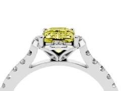 Fancy Yellow Emerald Cut Diamond Solitaire Ring Set in White gold with Pavé Band and Floral Prong Setting