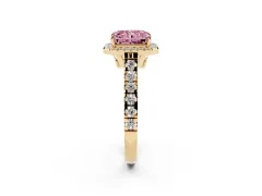 Fancy Pink Radiant Cut Diamond Halo Engagement Ring Set in Yellow gold with Pavé Band and Prong-Set Center