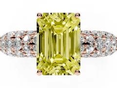 Fancy Yellow Emerald Cut Diamond Pavé Band Solitaire Ring Set in Rose gold with Close-Set Accent Stones and Prong Setting