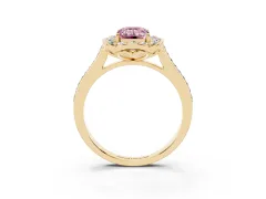 Fancy Pink Emerald Cut Diamond Halo Ring Set in Yellow gold with Pavé-Lined Shoulders and Prong Setting