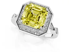 Fancy Yellow Asscher Cut Diamond Halo Engagement Ring Set in Silver with Twisted Band and Prong Setting