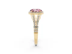 Fancy Pink Oval Cut Diamond Halo Split Shank Pavé Ring Set in Yellow gold with Prong Setting