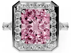 Fancy Pink Radiant Cut Diamond Halo Engagement Ring Set in Silver with Twisted Band and Prong Setting