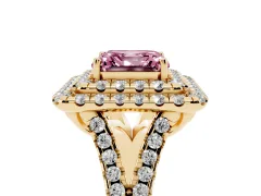 Fancy Pink Asscher Cut Diamond Double Halo Ring Set in Yellow gold with Pavé Split Shank and Prong Setting