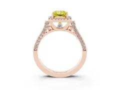 Fancy Yellow Radiant Cut Diamond Halo Ring Set in Rose gold with Pavé-Lined Split Shank Band