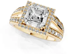 Asscher Cut Diamond Halo Ring Set in Yellow gold with Double Pavé Split Shank