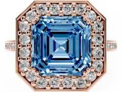 Fancy Blue Asscher Cut Diamond Halo Ring Set in Rose gold with Accent-Lined Split Shank and Prong Setting