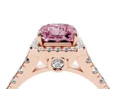 Fancy Pink Radiant Cut Diamond Halo Engagement Ring Set in Rose gold with Pavé Band and Prong-Set Center