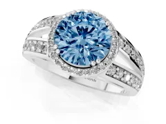 Fancy Blue Round Cut Diamond Halo Ring Set in White gold with Double Pavé Split Shank