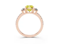 Fancy Yellow Cushion Cut Diamond Three-Stone Ring Set in Rose gold with Pavé Band and Graduated Sides
