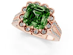 Fancy Green Asscher Cut Diamond Floral Halo Split Shank Engagement Ring Set in Rose gold with Pavé Shank