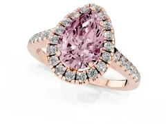 Fancy Pink Pear Cut Diamond Pavé Halo Engagement Ring Set in Rose gold with Pavé Band and Prong Setting