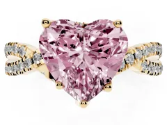 Fancy Pink Heart Cut Diamond Twist Pavé Solitaire Engagement Ring Set in Yellow gold with Prong Setting