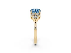 Fancy Blue Round Cut Diamond Solitaire Ring Set in Yellow gold with Cluster Accents on Each Side