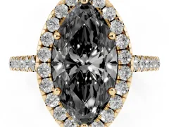 Fancy Black Marquise Cut Diamond Halo Pavé Engagement Ring Set in Yellow gold with Prong Setting