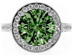 Fancy Green Round Cut Diamond Halo Engagement Ring Set in White gold with Accent Split Shank Band