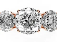 Round Cut Diamond Three-Stone Ring Set in Rose gold with Channel-Set Band and Prong Settings