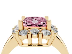 Fancy Pink Princess Cut Diamond Halo Cluster Engagement Ring Set in Yellow gold with Polished Band and Prong Setting