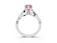 Fancy Pink Cushion Cut Diamond Vine Band Solitaire Ring Set in White gold with Milgrain Prong Setting